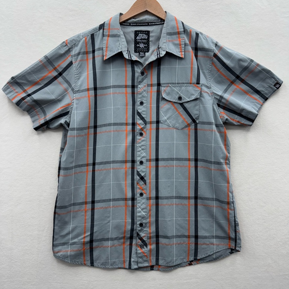 Vintage Hart & Huntington Men’s XL Short Sleeve Plaid Button Up Shirt Gray